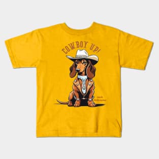 COWBOY UP! (Brown dachshund wearing white cowboy hat) Kids T-Shirt